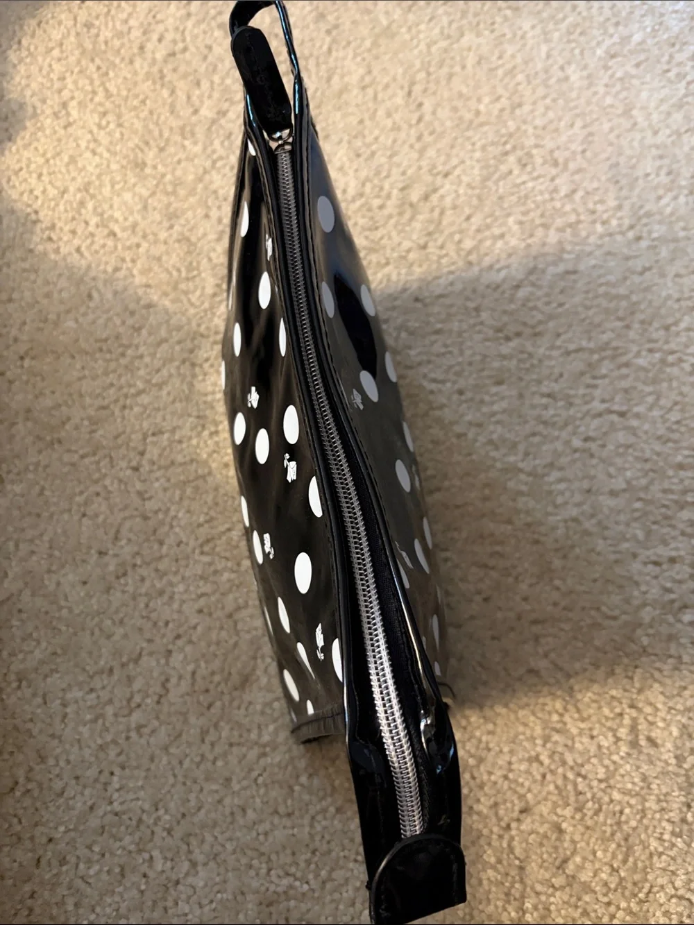 Lancome Black & White Rose Polka Dot Glossy Wristlet Pouch/Cosmetic Bag NWOT